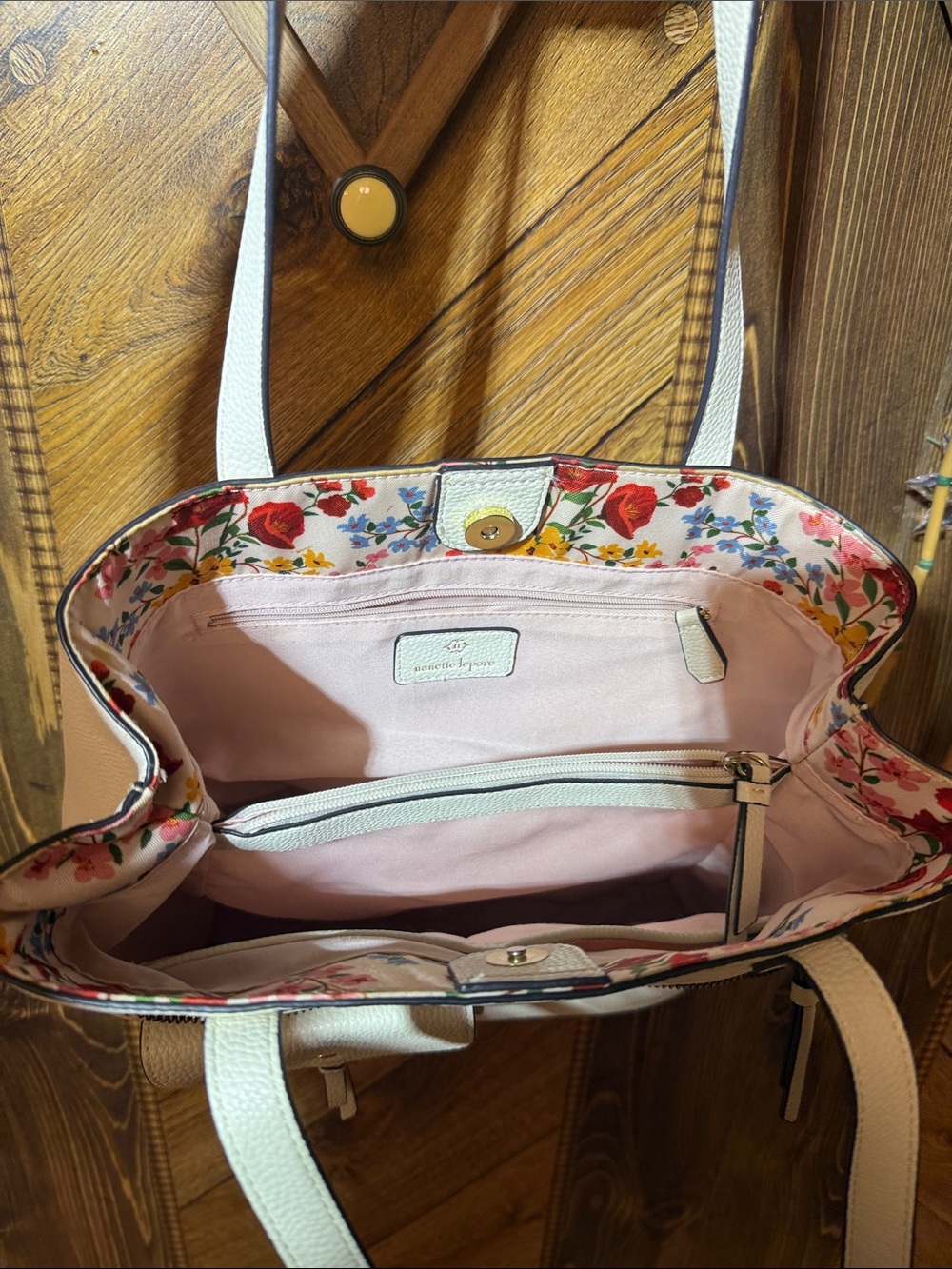 Nanette Lepore Ivory Pebbled Faux Leather Tote with Front Pockets - Picture 3 of 6
